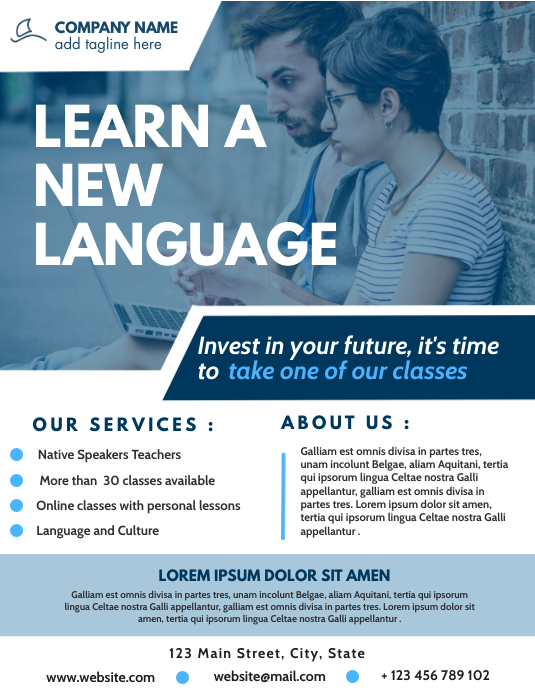 learn a new language flyer design tem Folheto (US Letter) template