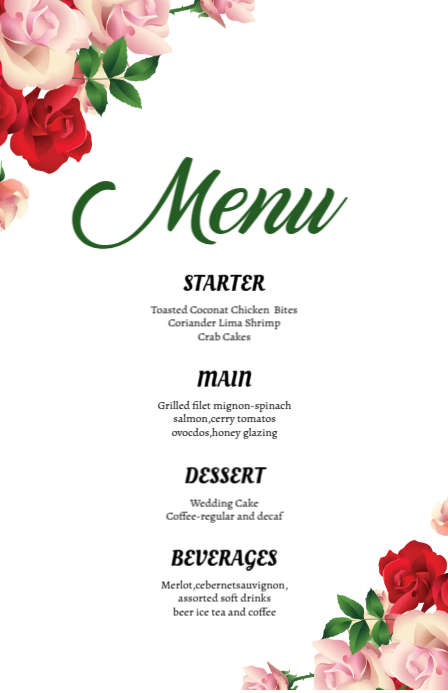 Wedding rose floral Menu card templat Template | PosterMyWall