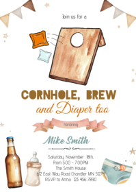 Cornhole beer and Diaper Party Invitation A6 template