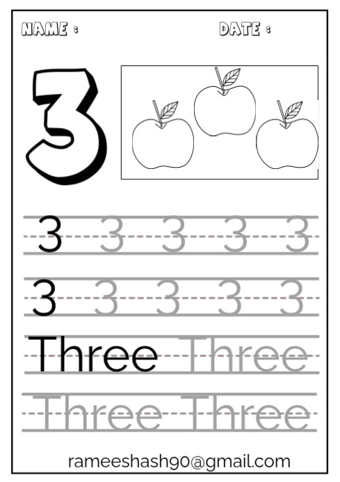 Count And Write Number 3 and  in Words A4 template