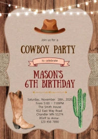 Cowboy cowgirl birthday party invitation A6 template