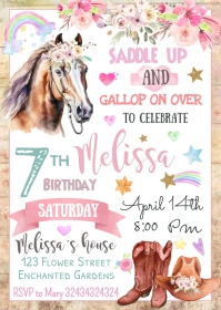 Cowgirl Birthday Invitation watercolor A6 template