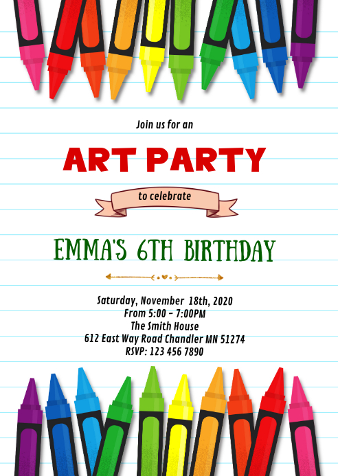 Crayon art birthday party invitation A6 template