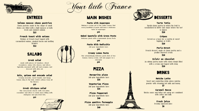 Cream French Bistro Menu Template Ecrã digital (16:9)