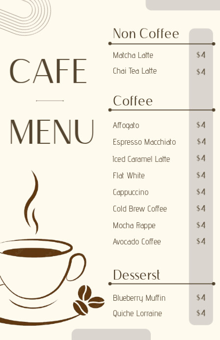 Cream Minimalist Cafe Menu Template (Half Page Wide)