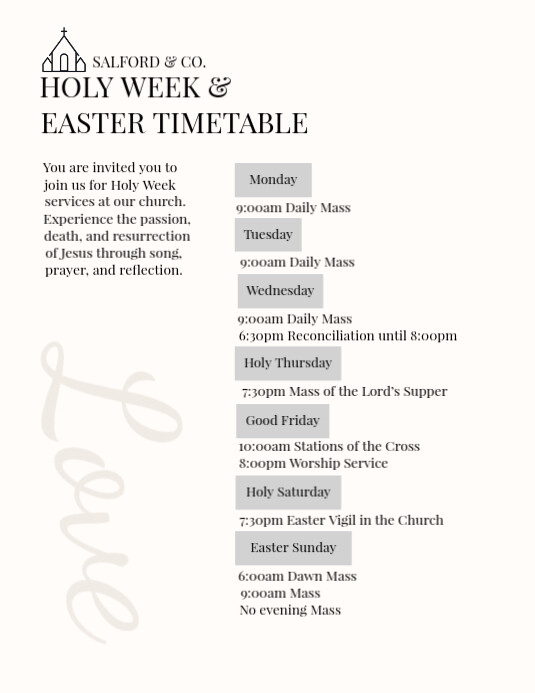 Easter Week Timetable Cream Simple Holy Week Easter Timetable Church Flyer Modelo | PosterMyWall