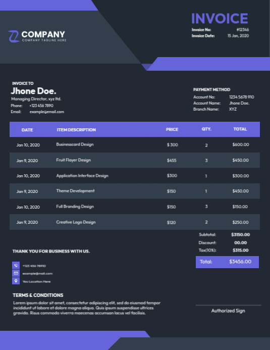 Creative Company Service Invoice Template | PosterMyWall