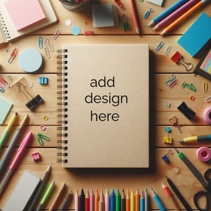 Creative Workspace with Spiral Notebook and Colorful Stationery on Wooden Table Instagram Post template
