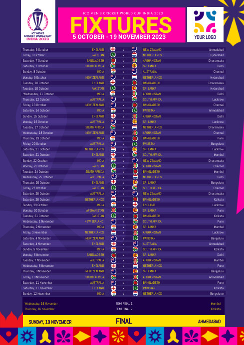 Cricket World cup Fixtures template | PosterMyWall