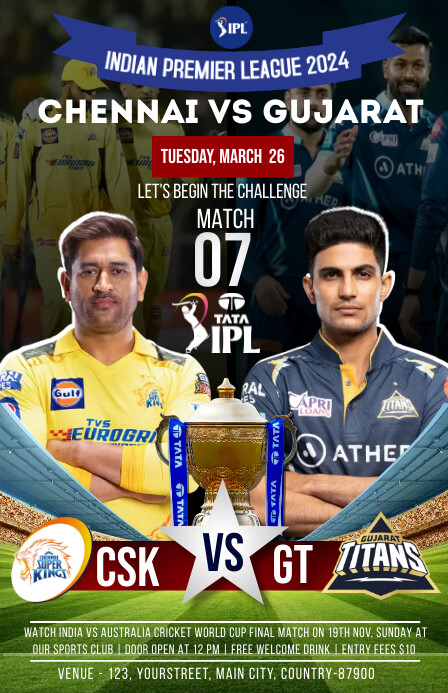 Csk vs Gt ipl match poster Template | PosterMyWall