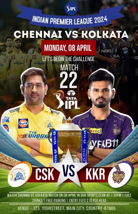 CSK vs KKR ipl match Poster Template | PosterMyWall