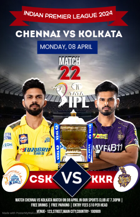 Csk vs kkr ipl match poster Template | PosterMyWall