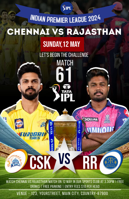 Csk vs rr ipl match Poster Template | PosterMyWall
