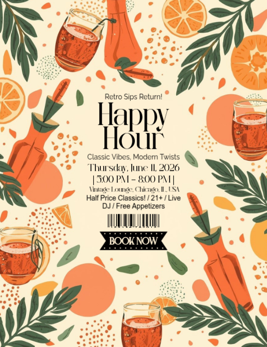 Custom Retro Chic Happy Hour Flyer Template 2026 | PosterMyWall