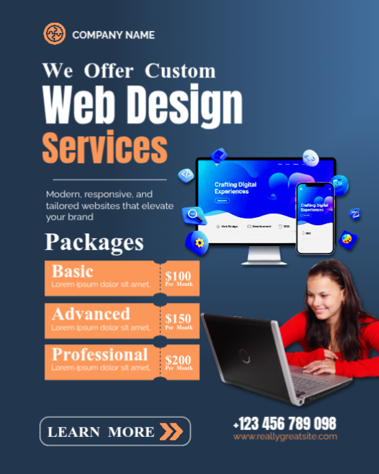 Custom Web Design Services — Professional Business Marketing Flyer | Editable Template Instagram Portrait