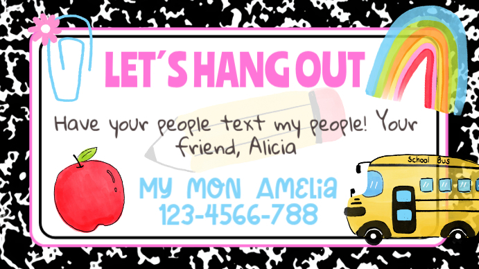 Copy of Customizable Kids Contact Cards: School Playdate Template ...