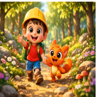 Cute 3D Cartoon Boy with Orange Creature Walking on Forest Path – Pixar Style Adventure Scene Logo template
