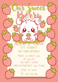 Cute Berry sweet bunny strawberry birthday invitation A5 template