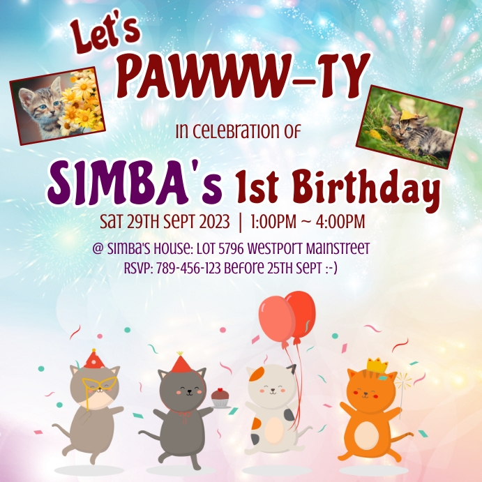 Cute Cat's Birthday Party Invitation Card Wpis na Instagrama template