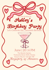 Cute coquette pink bow heart birthday invitation A5 template