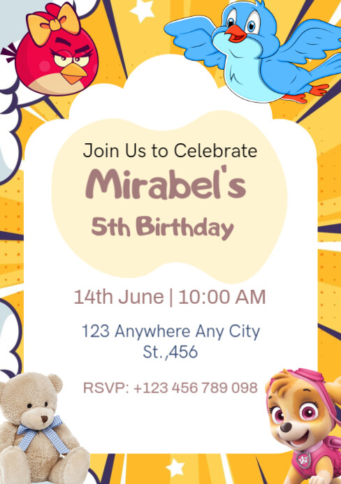 Cute Editable Kids Birthday Party Invitation Template A5