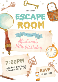 Cute escape room theme invitation A6 template