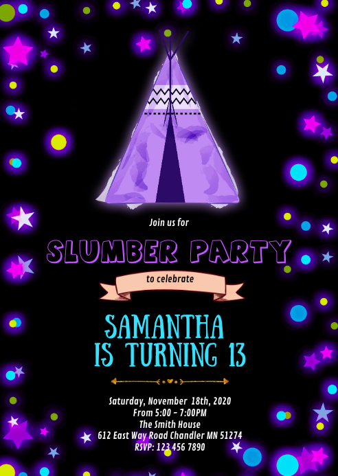 Cute glow teepee sleepover party invite A6 template