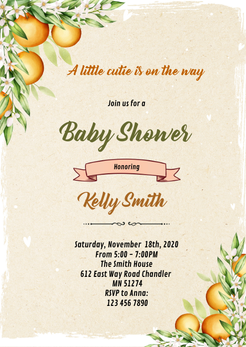 Cute orange birthday shower card A6 template