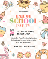 Cute Pastel Retro End of School Summer Party Invitation Flyer Instagram Portrait template
