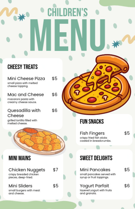 Cute Pizza Illustrative Children's Food Menu Editable (Half Page Wide) template