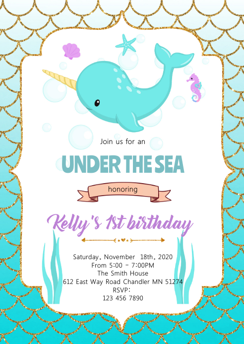 Cute purple narwhal theme invitation Template | PosterMyWall