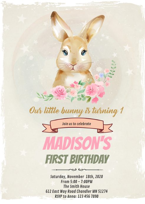 Cute rabbit birthday invitation Template | PosterMyWall