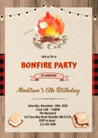 Cute red plaid smore bonfire party invitation A6 template