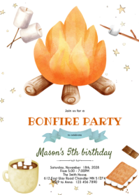 Cute S'more bonfire Birthday invite A6 template