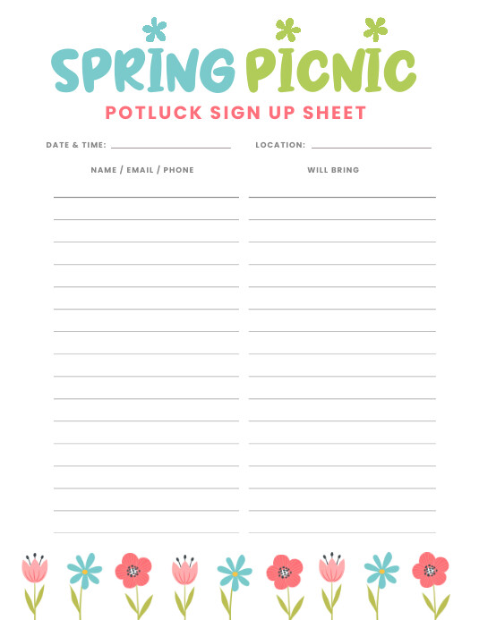 Potluck Sign Up Sheet