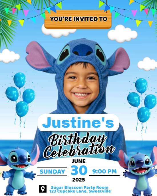 Cute Stitch-Themed Birthday Party Invitation Instagram Portrait template