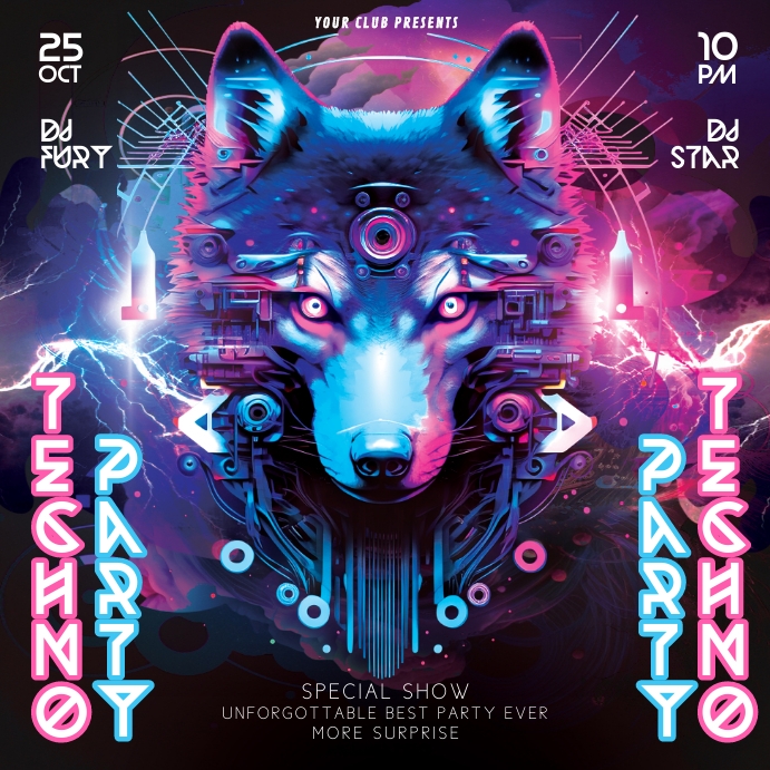 Cyberpunk Wolf Techno Party Instagram Post template
