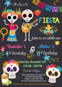 Día de los Muertos Birthday Invitation Template | Double Kids Party Invite A6