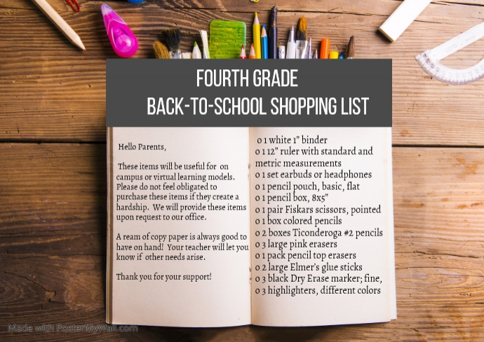 Fourth Grade Back To School Supply List | PosterMyWall