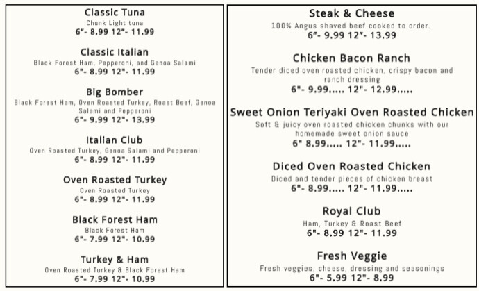 Sub Sandwiches Menu Template US Legal