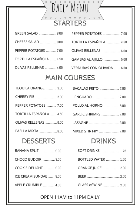 Daily Menu Create Copy of Daily Menu Simple Template | PosterMyWall