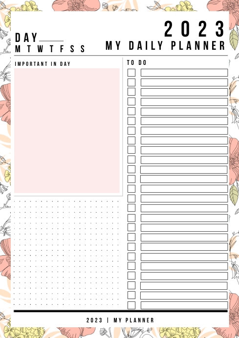 Daily planner, journal, backgroun flower A4 template