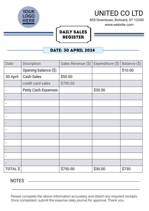 daily sales and expenditure registration form Template | PosterMyWall