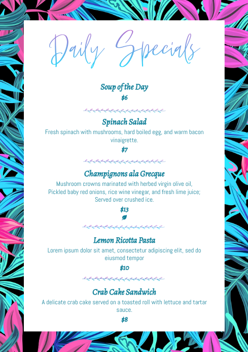 Daily Specials menu card a4 printable Template | PosterMyWall