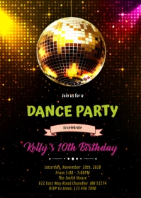 Dance party birthday Invitation A6 template