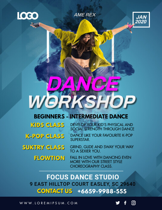 Dancing Lessons Flyer Plantilla de Clases de Taller de Danza Folleto de Taller Escolar ...