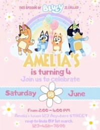 Dancing Bluey pastel birthday invitation temp Flyer (US Letter) template