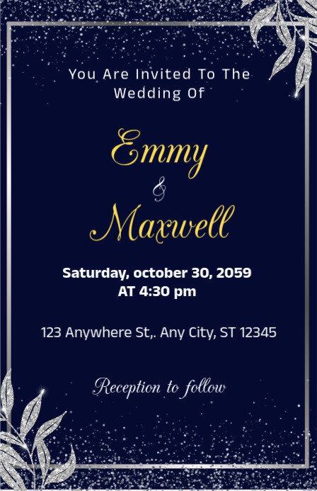 Dark Blue and silver elegant wedding invitation Tabloid template