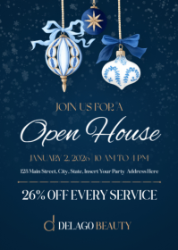 Dark blue gold and white Luxury Blue & Gold Open House Beauty Salon Flyer – Holiday Promotion Flyer A6 template