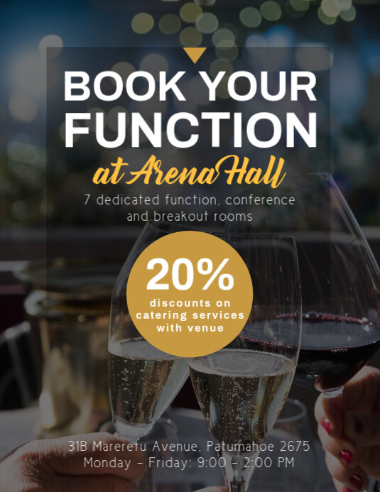 Dark brown book your function venue hire flye Template | PosterMyWall